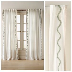 Anthropologie Embroidered Scalloped Cotton Curtain Panel Set 108"